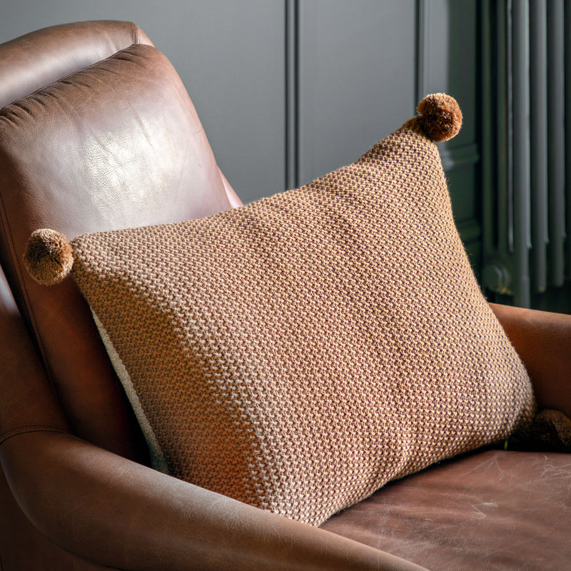 Moss Stitched Pom Pom Cushion - Tan