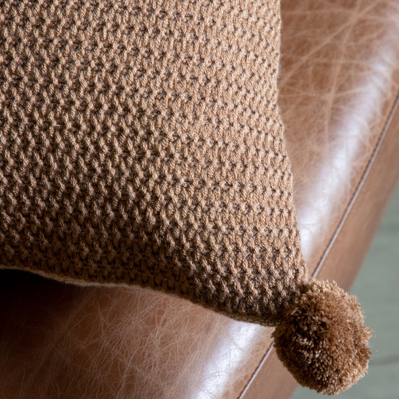 Moss Stitched Pom Pom Cushion - Tan