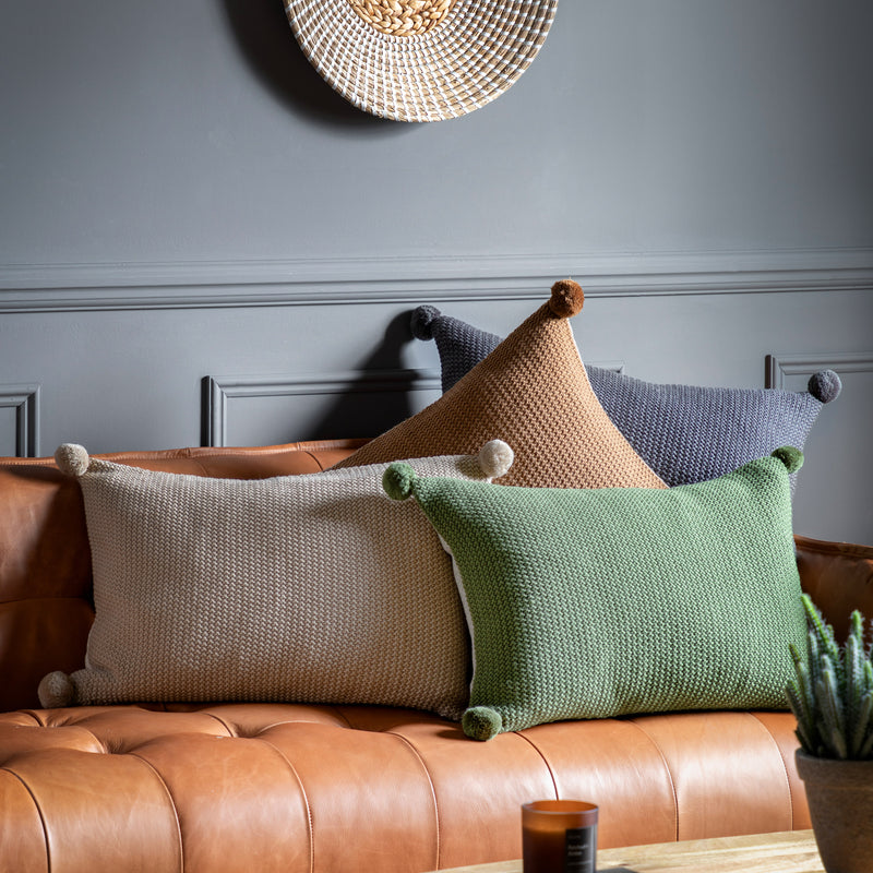 Moss Stitched Pom Pom Cushion - Tan
