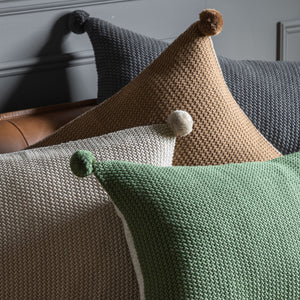 Moss Stitched Pom Pom Cushion - Tan