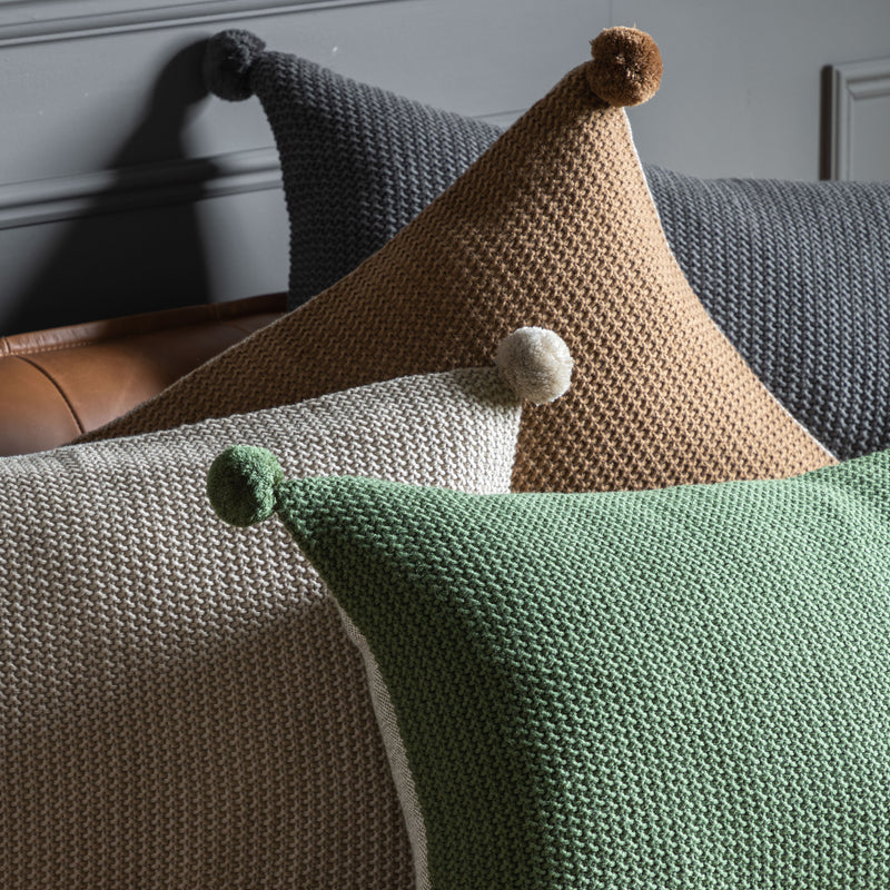 Moss Stitched Pom Pom Cushion - Tan