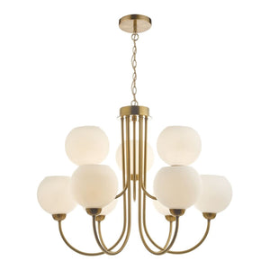 dar lighting Ind1335 Indra Opal Glass Globe 9 Light Pendant Natural Brass