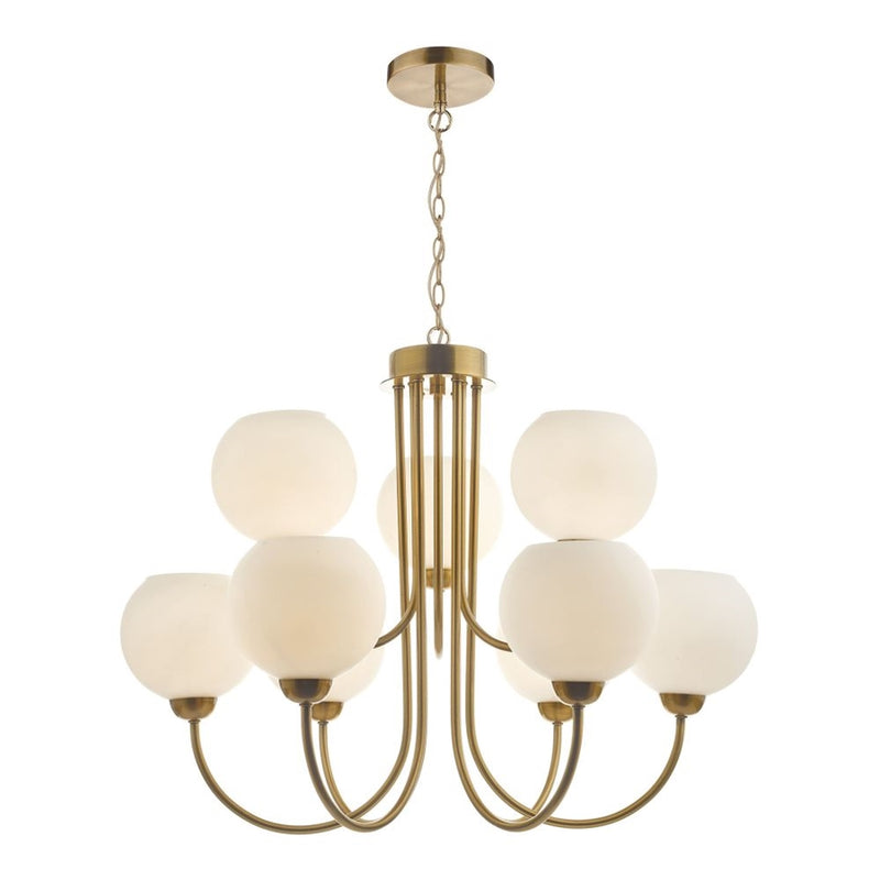 dar lighting Ind1335 Indra Opal Glass Globe 9 Light Pendant Natural Brass